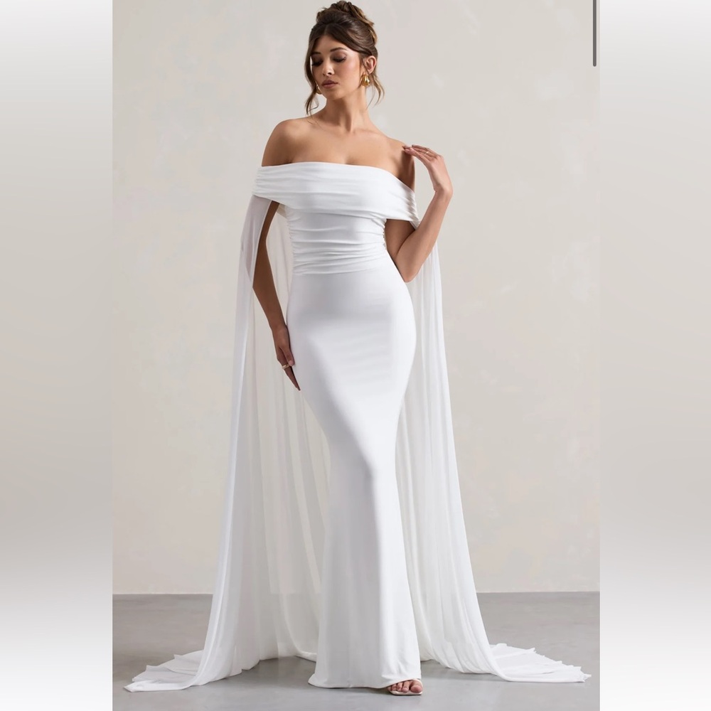 Carlotta WHITE BARDOT MAXI DRESS WITH CHIFFON CAPE